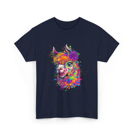 Colorful Llama Art Llama T-Shirt - Navy