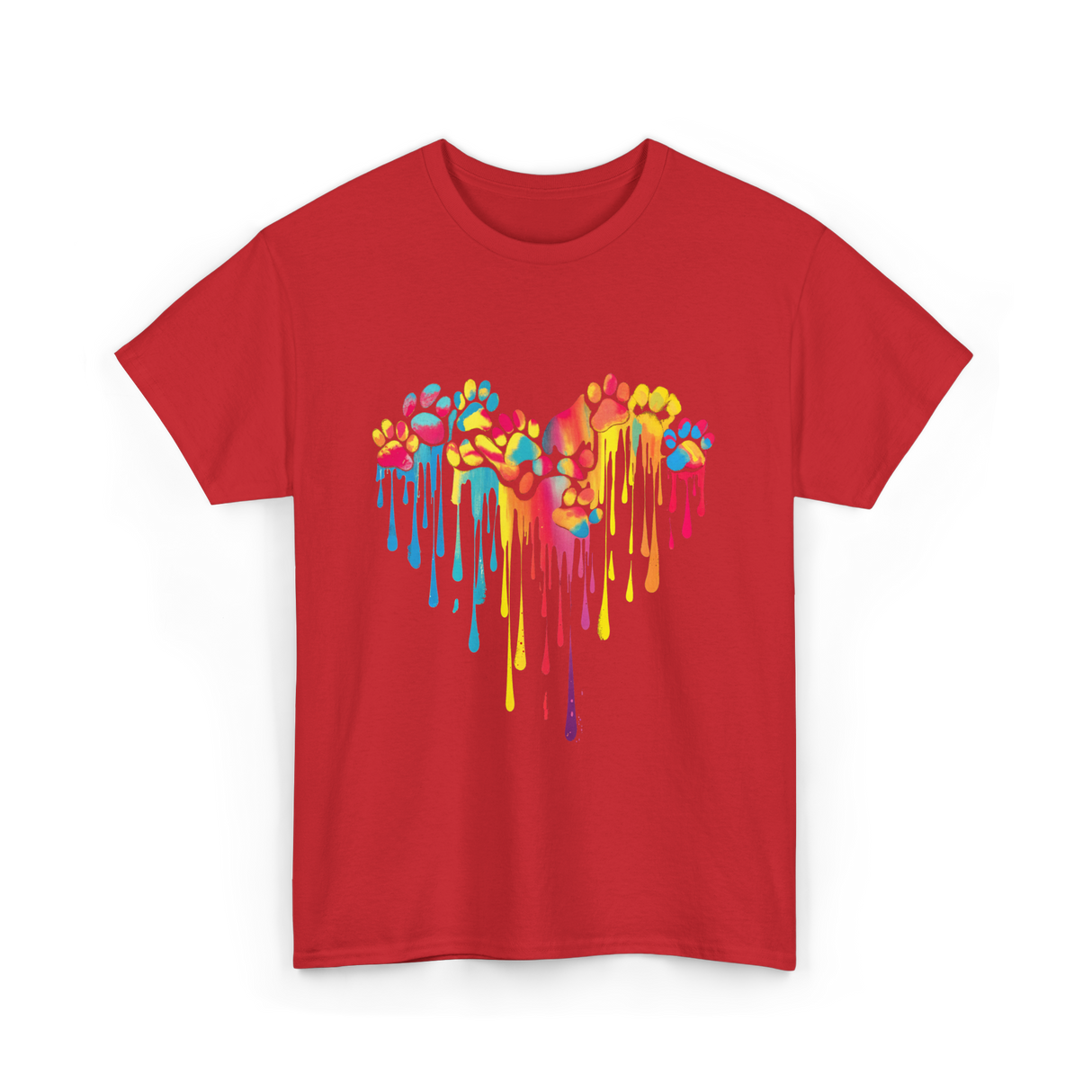 Colorful Paw Print Heart Pet T-Shirt - Red