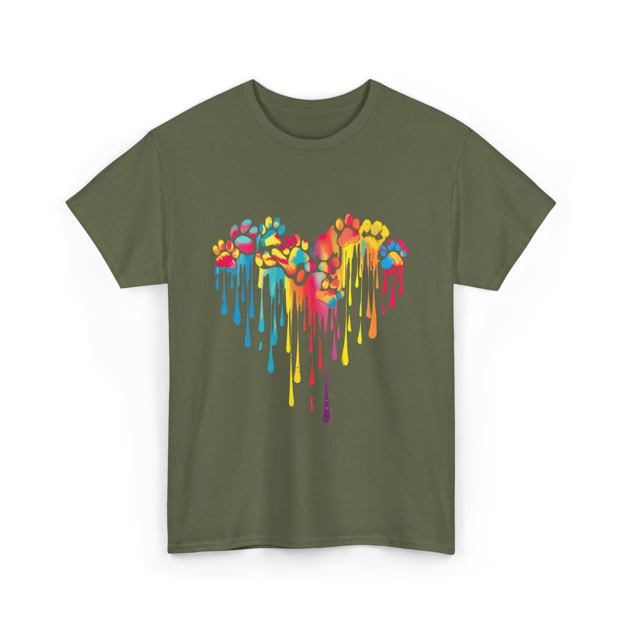 Colorful Paw Print Heart Pet T-Shirt - Military Green