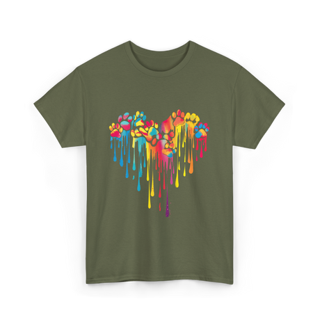 Colorful Paw Print Heart Pet T-Shirt - Military Green