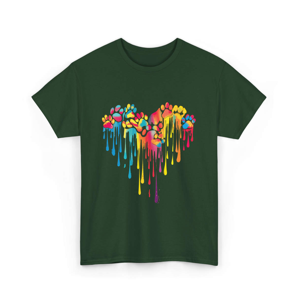 Colorful Paw Print Heart Pet T-Shirt - Forest Green