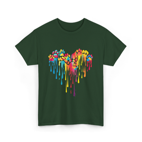 Colorful Paw Print Heart Pet T-Shirt - Forest Green