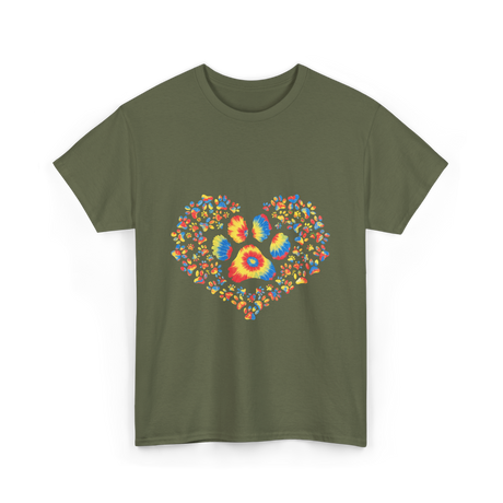 Colorful Paw Print Love T-Shirt - Military Green