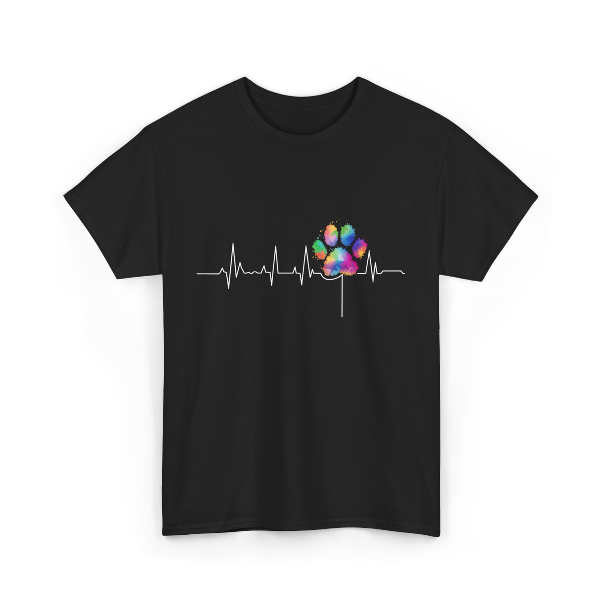 Colorful Paw Print Veterinary Heartbeat T-Shirt - Black