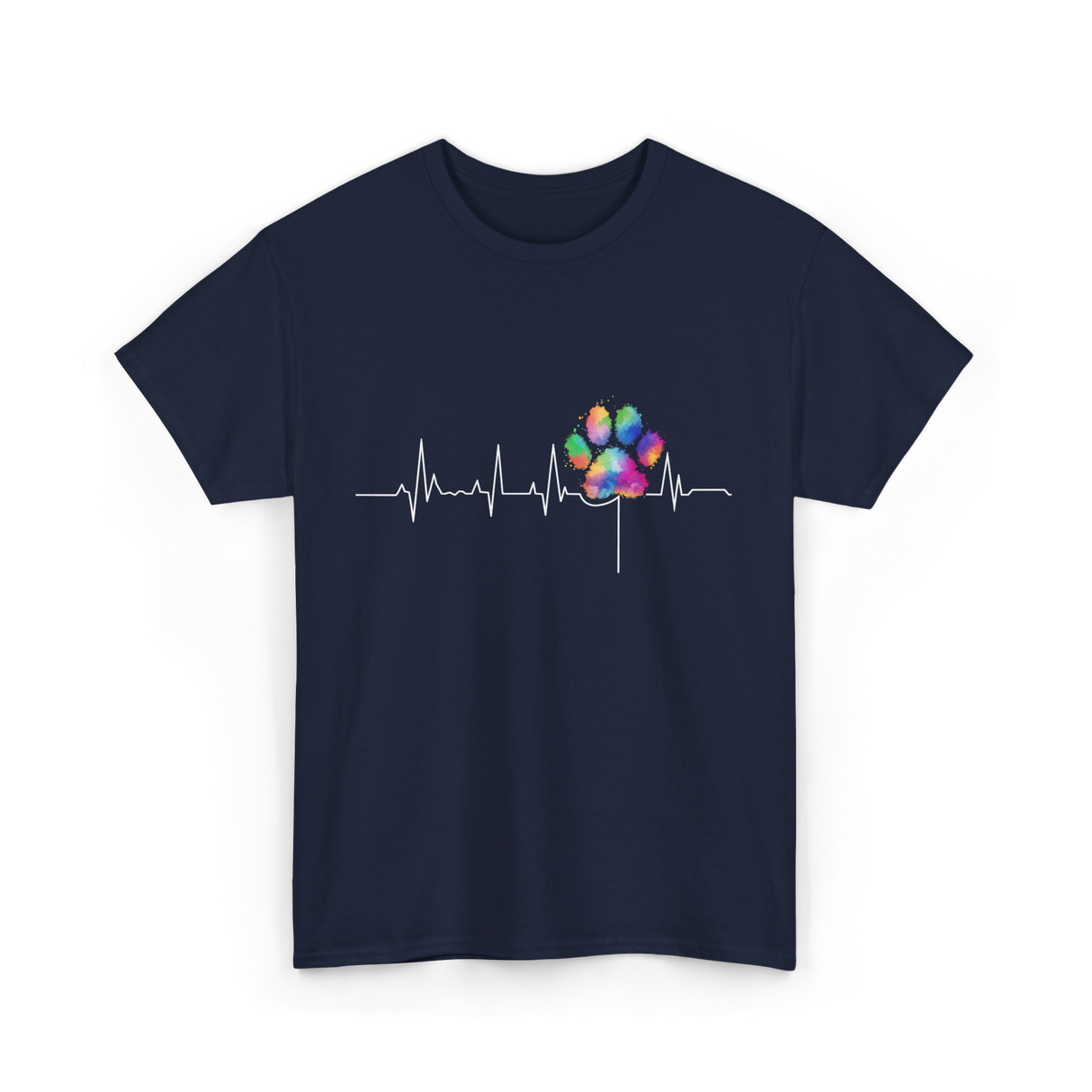 Colorful Paw Print Veterinary Heartbeat T-Shirt - Navy