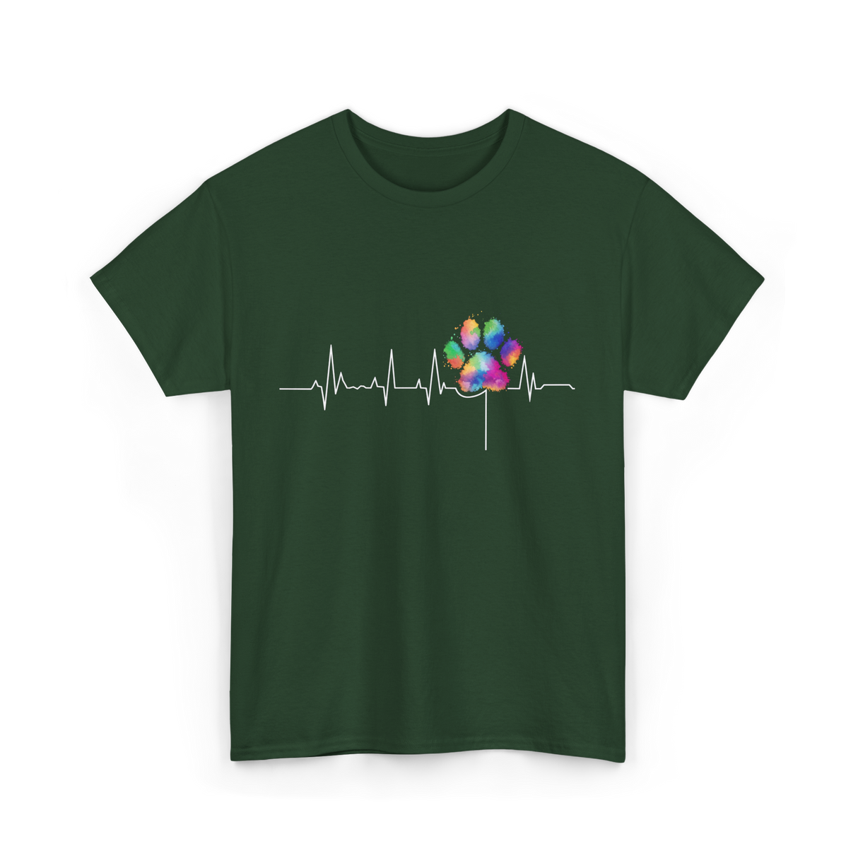 Colorful Paw Print Veterinary Heartbeat T-Shirt - Forest Green
