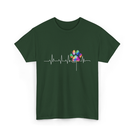 Colorful Paw Print Veterinary Heartbeat T-Shirt - Forest Green