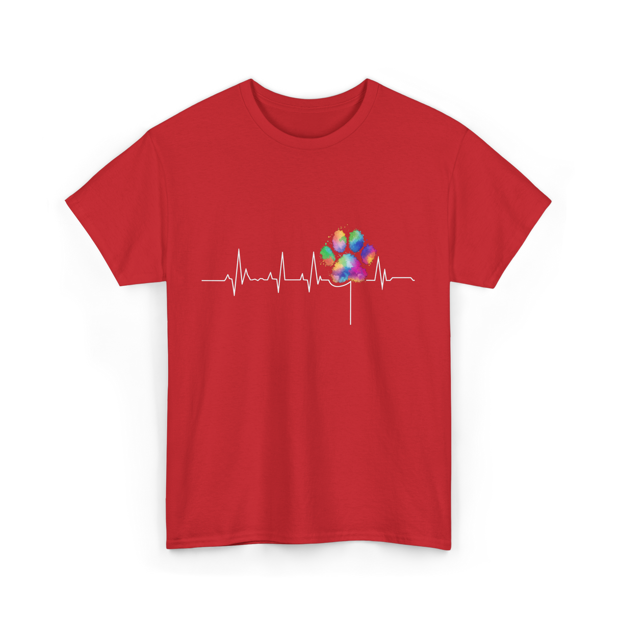 Colorful Paw Print Veterinary Heartbeat T-Shirt - Red
