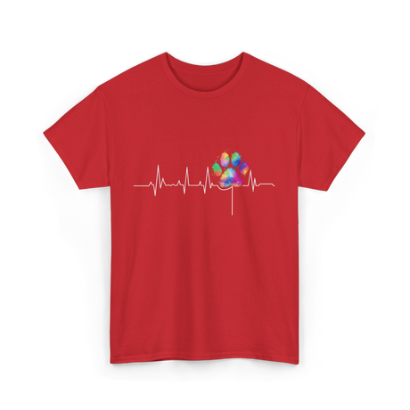 Colorful Paw Print Veterinary Heartbeat T-Shirt - Red