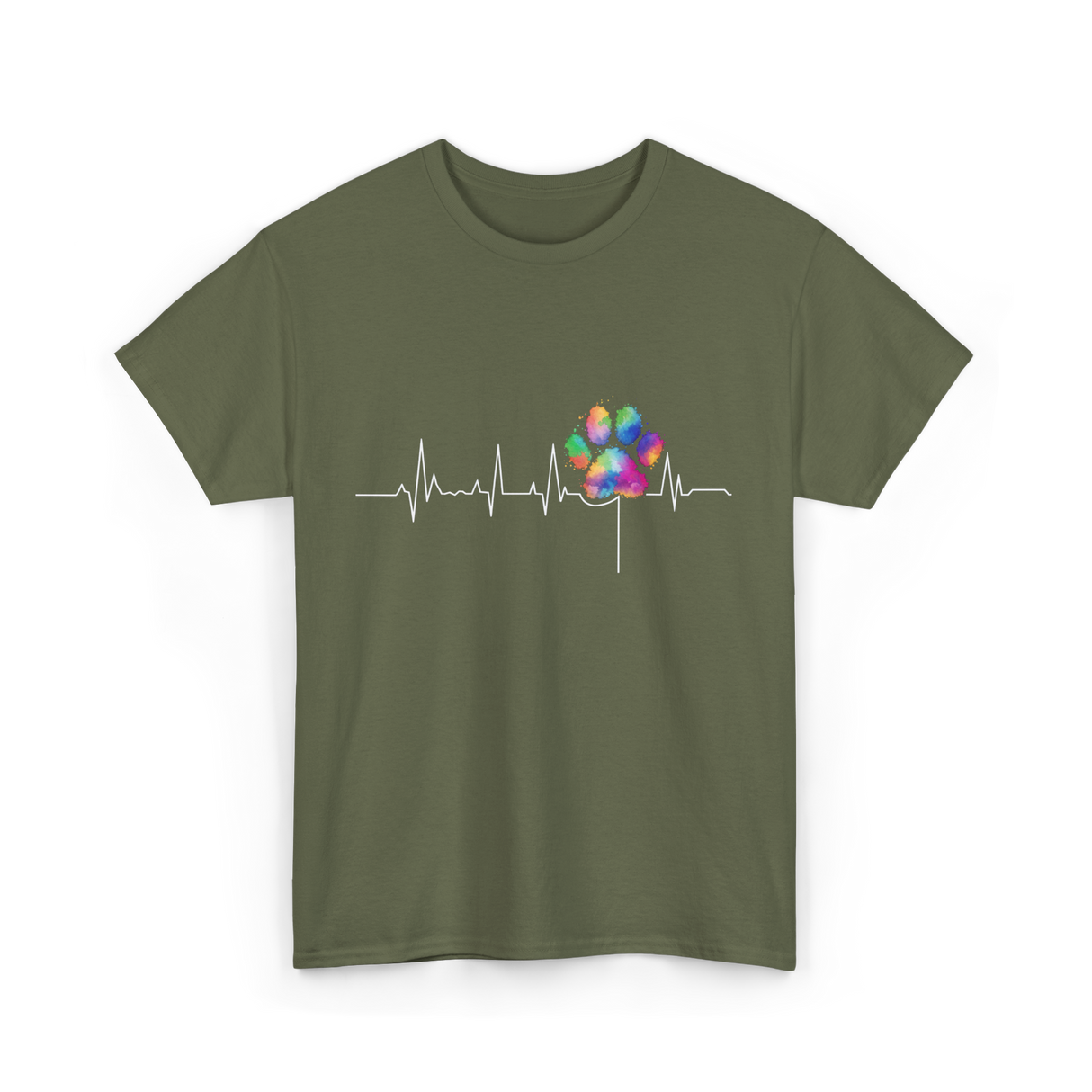 Colorful Paw Print Veterinary Heartbeat T-Shirt - Military Green