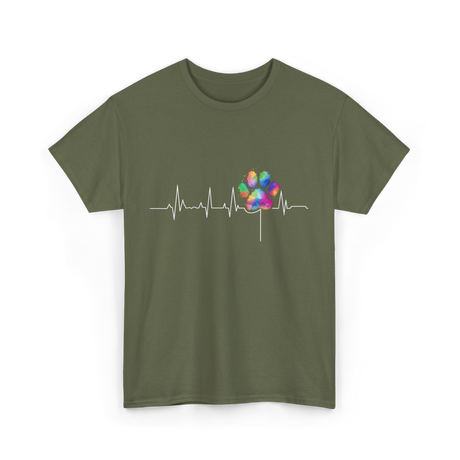 Colorful Paw Print Veterinary Heartbeat T-Shirt - Military Green