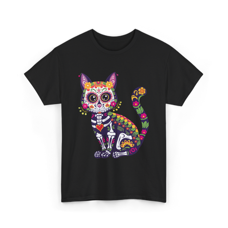 Colorful Sugar Skull Cat Halloween T-Shirt - Black
