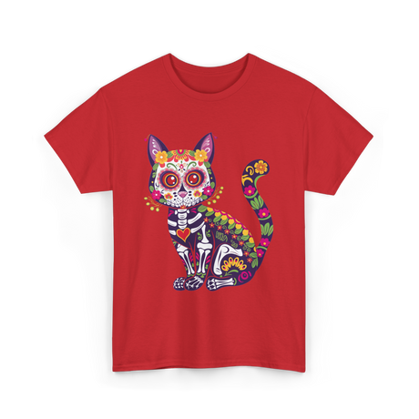 Colorful Sugar Skull Cat Halloween T-Shirt - Red