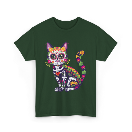 Colorful Sugar Skull Cat Halloween T-Shirt - Forest Green