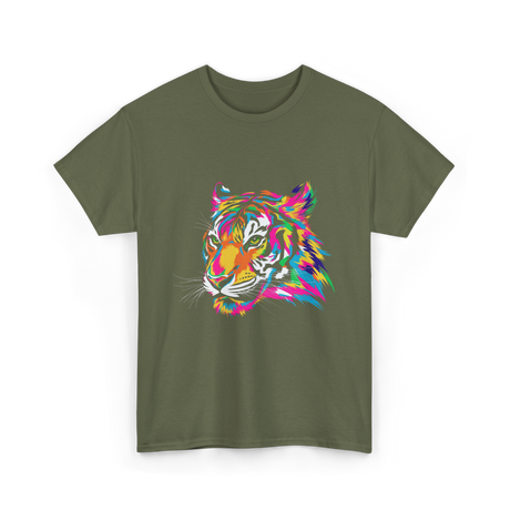 Colorful Tiger Art Animals T-Shirt - Military Green