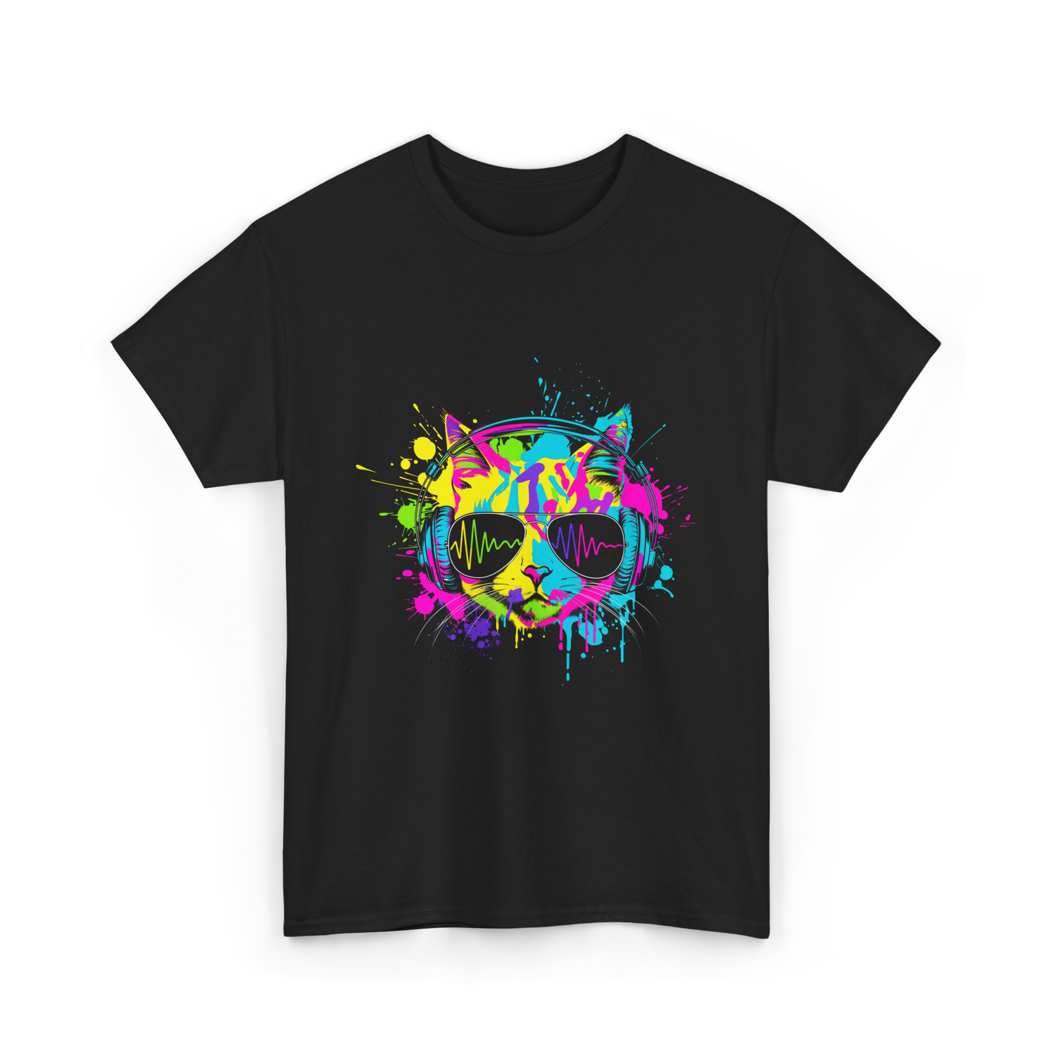 Colourful Cat DJ Music T-Shirt - Black