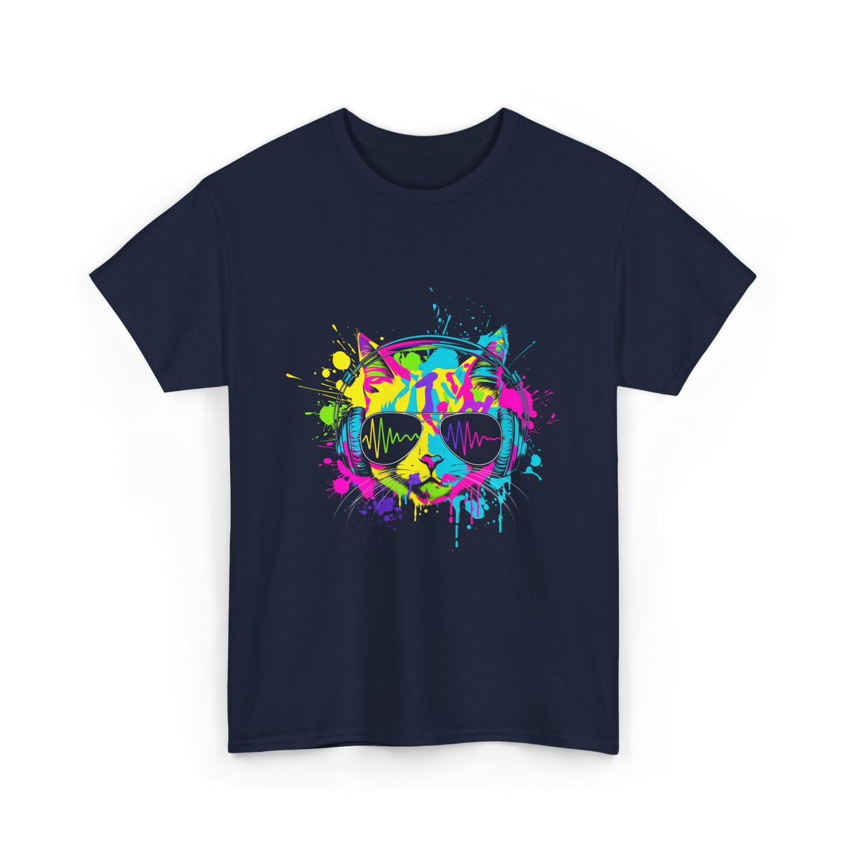 Colourful Cat DJ Music T-Shirt - Navy