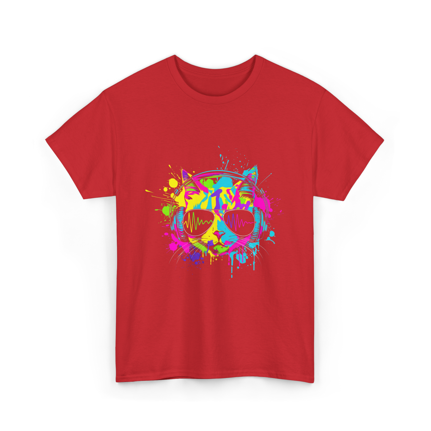 Colourful Cat DJ Music T-Shirt - Red
