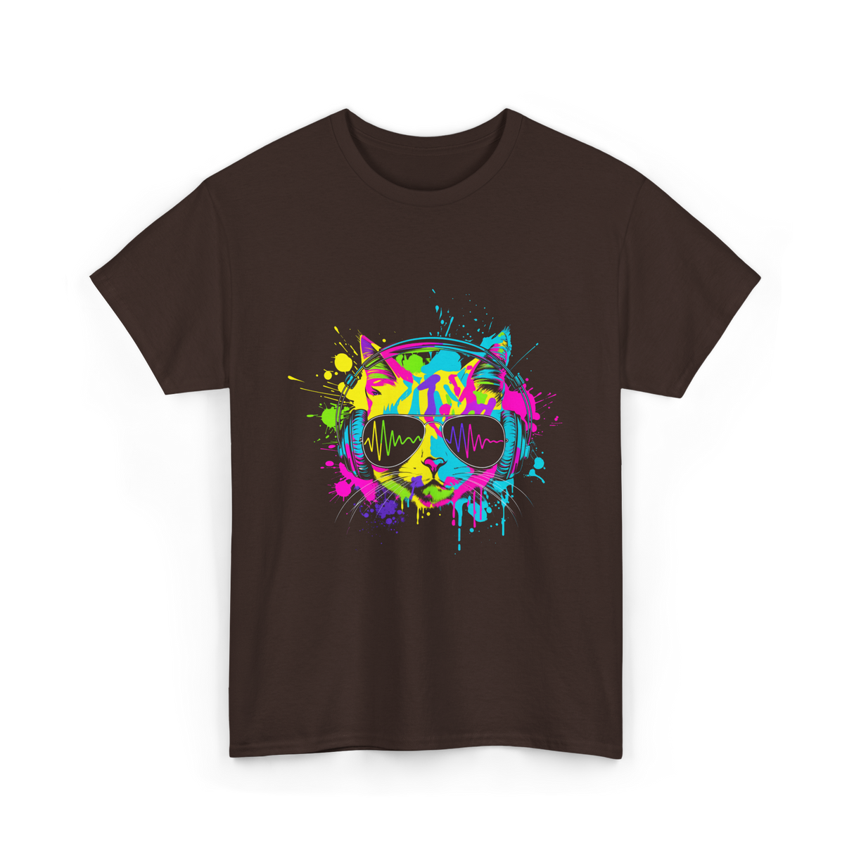 Colourful Cat DJ Music T-Shirt - Dark Chocolate