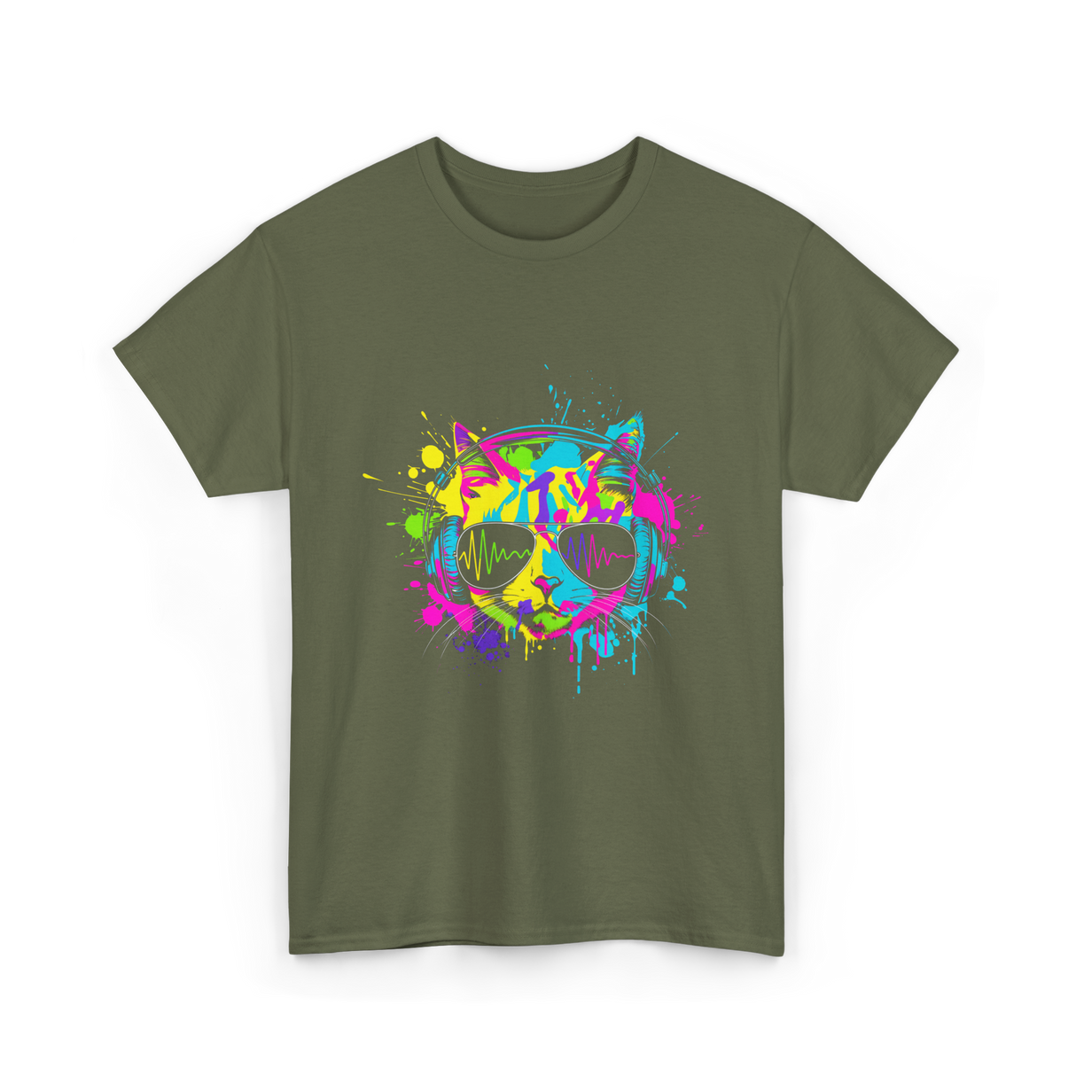 Colourful Cat DJ Music T-Shirt - Military Green
