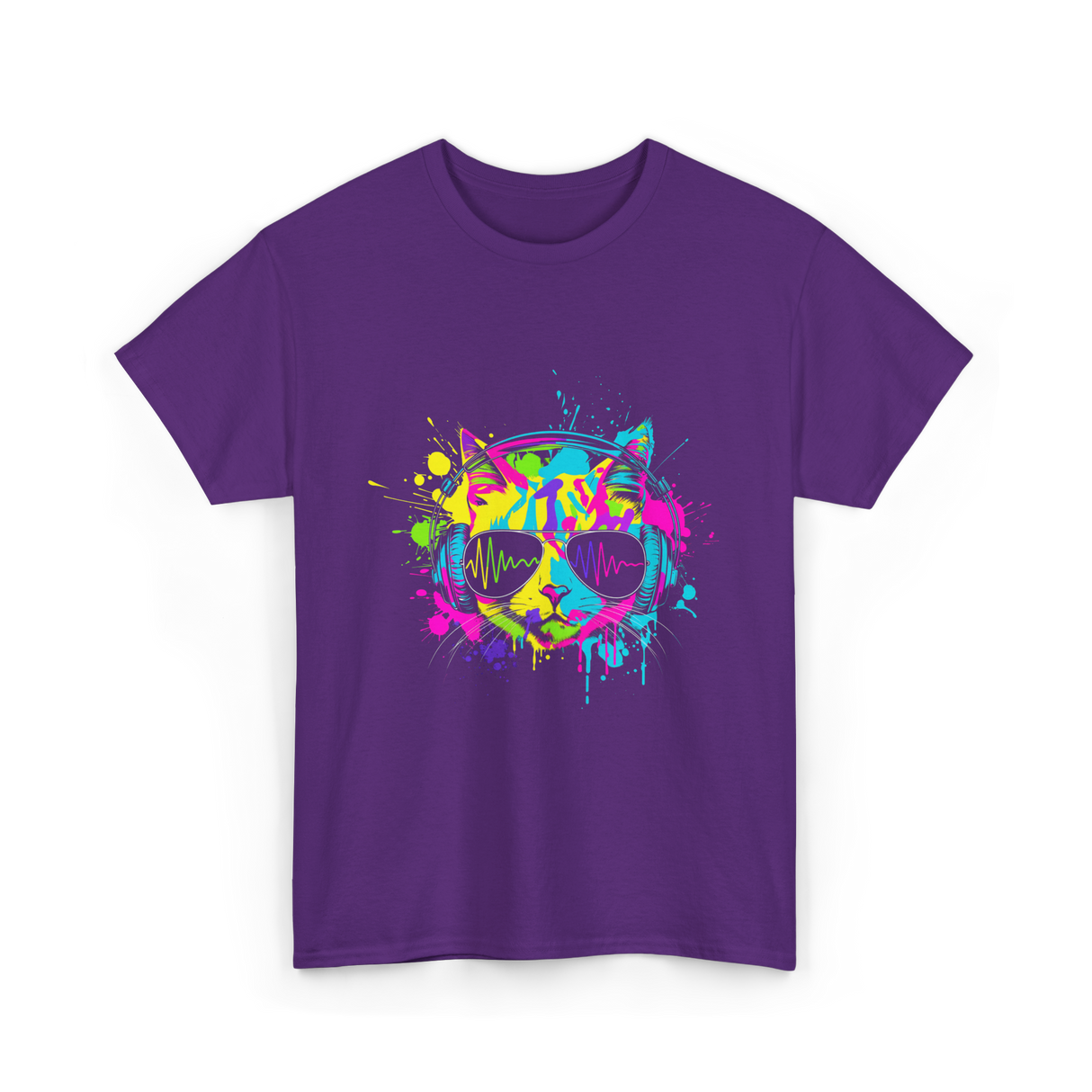 Colourful Cat DJ Music T-Shirt - Purple
