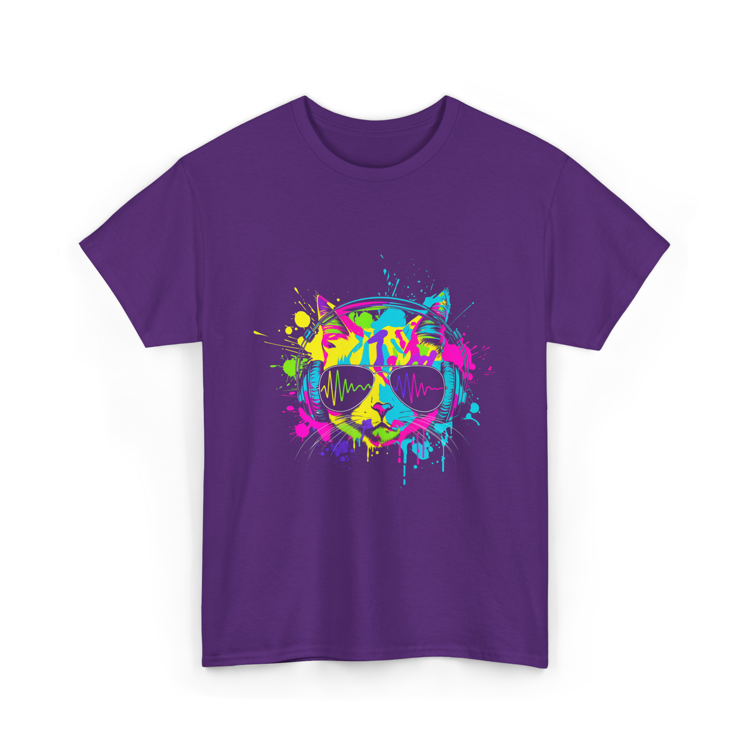Colourful Cat DJ Music T-Shirt - Purple