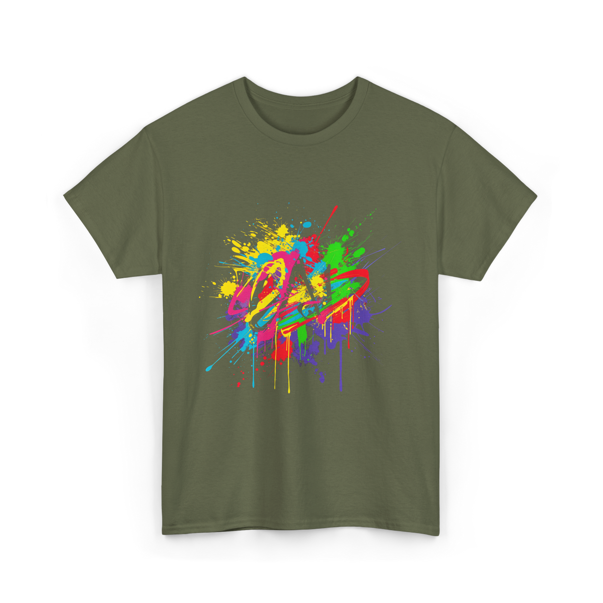 Colourful Paint Splash Art T-Shirt - Military Green