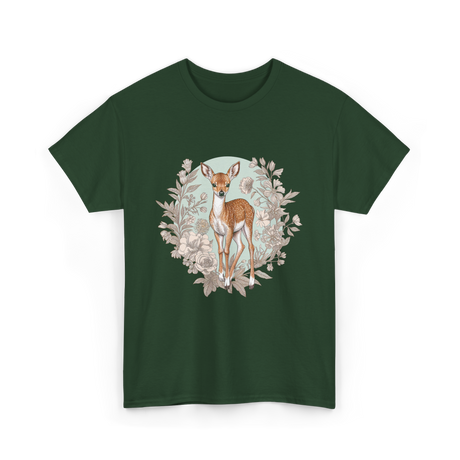 Cottagecore Floral Deer Aesthetic T-Shirt - Forest Green