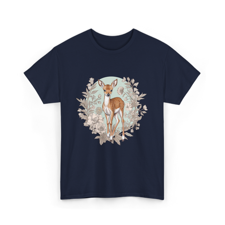 Cottagecore Floral Deer Aesthetic T-Shirt - Navy