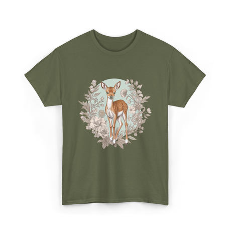 Cottagecore Floral Deer Aesthetic T-Shirt - Military Green