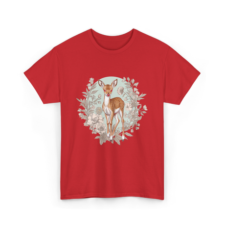 Cottagecore Floral Deer Aesthetic T-Shirt - Red