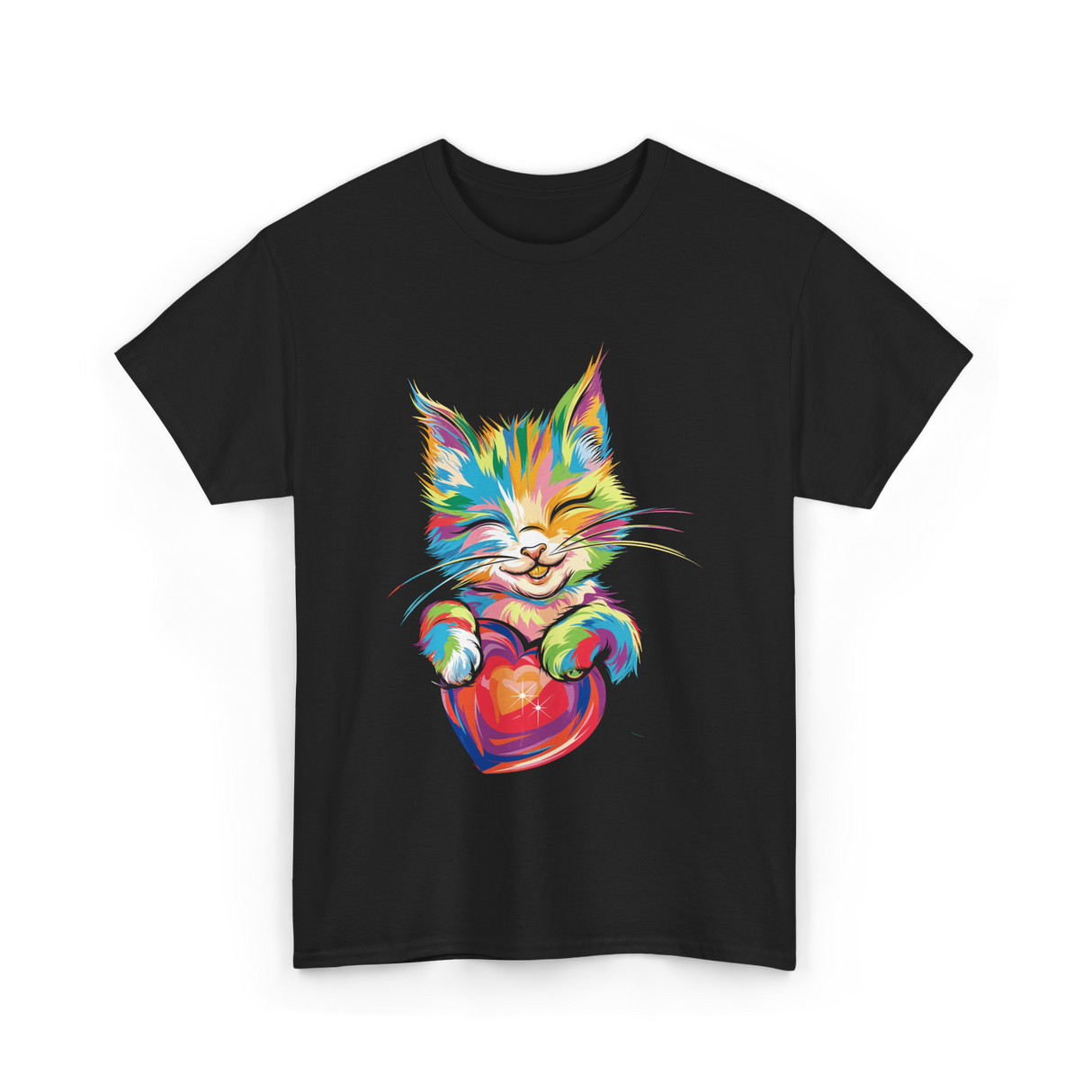 Cute Cat Hugging Heart Kitty Love T-Shirt - Black