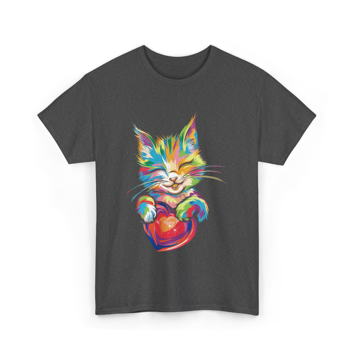 Cute Cat Hugging Heart Kitty Love T-Shirt - Dark Heather