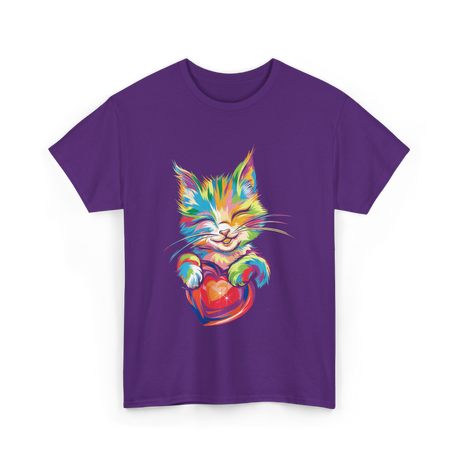 Cute Cat Hugging Heart Kitty Love T-Shirt - Purple