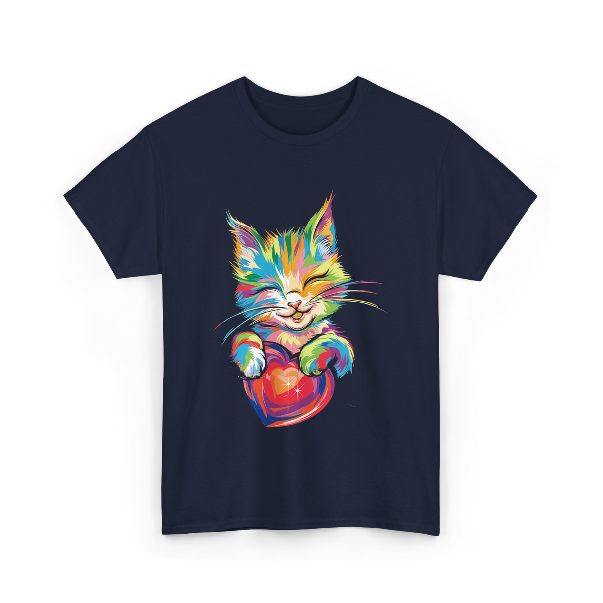 Cute Cat Hugging Heart Kitty Love T-Shirt - Navy