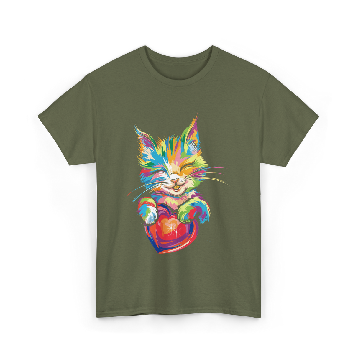 Cute Cat Hugging Heart Kitty Love T-Shirt - Military Green
