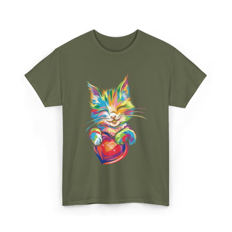 Cute Cat Hugging Heart Kitty Love T-Shirt - Military Green