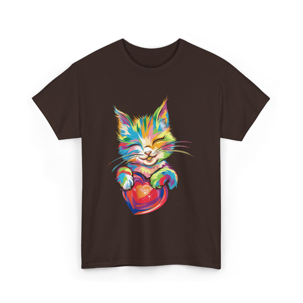 Cute Cat Hugging Heart Kitty Love T-Shirt - Dark Chocolate