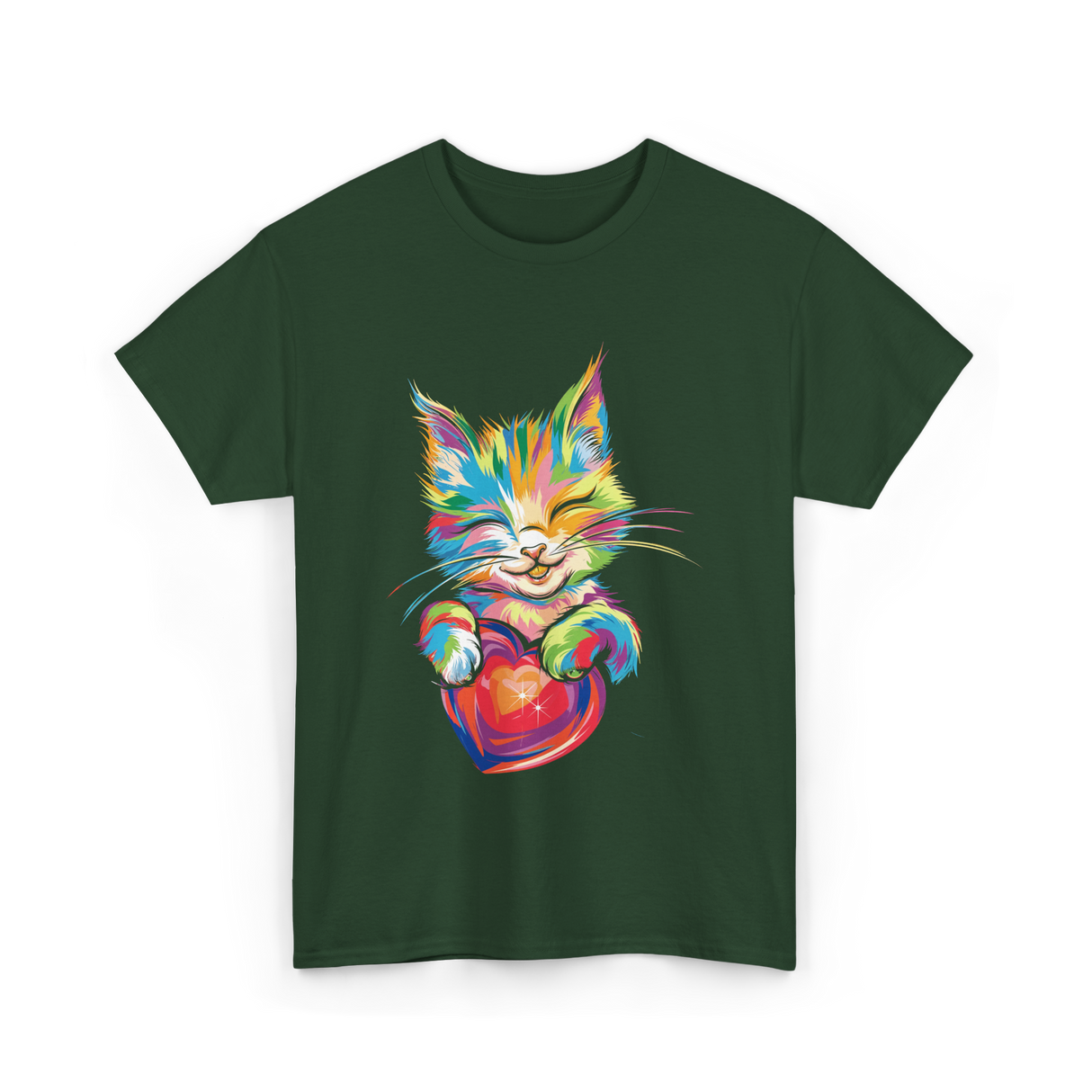 Cute Cat Hugging Heart Kitty Love T-Shirt - Forest Green