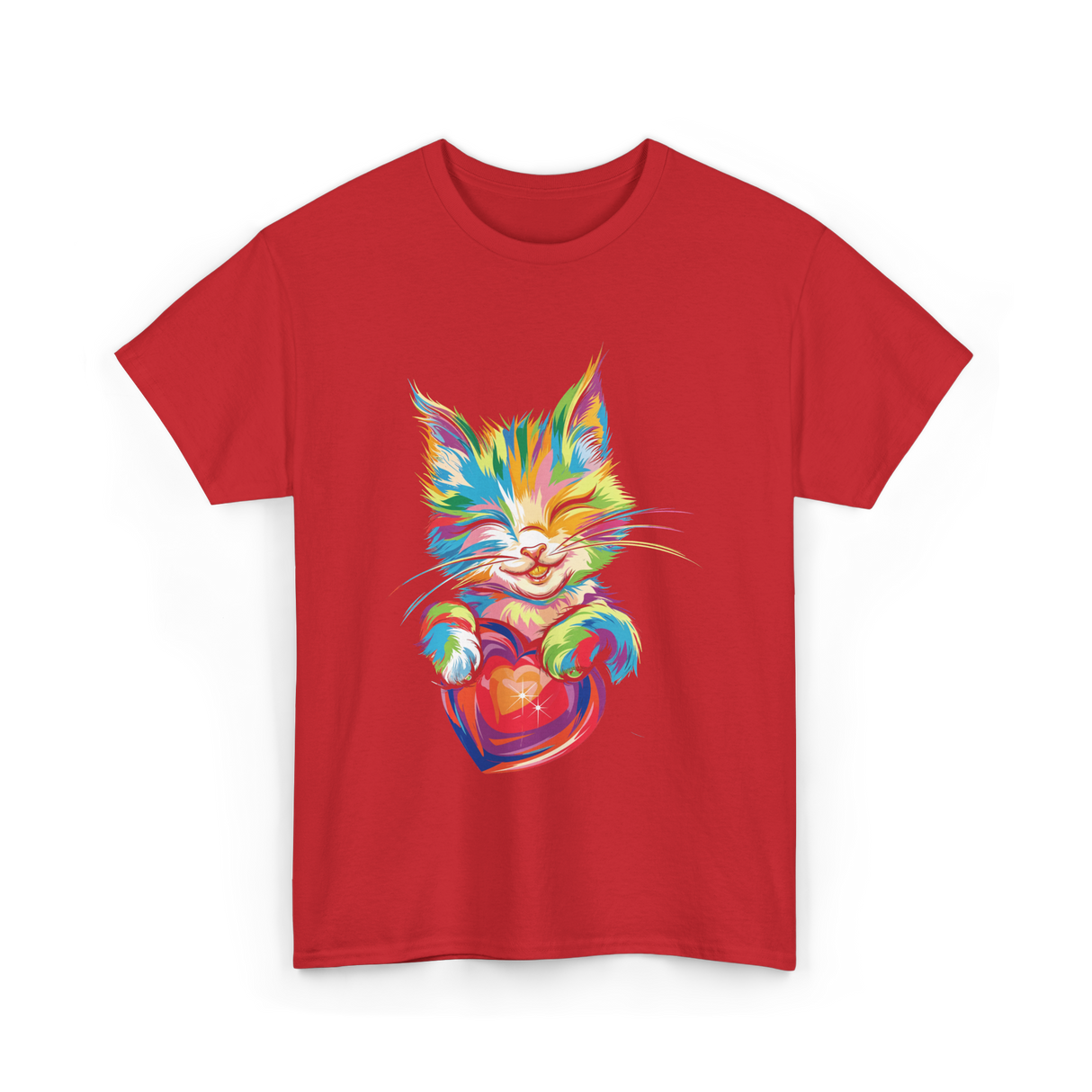 Cute Cat Hugging Heart Kitty Love T-Shirt - Red
