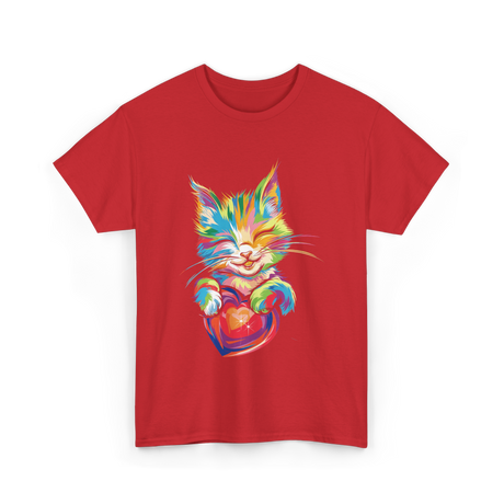 Cute Cat Hugging Heart Kitty Love T-Shirt - Red