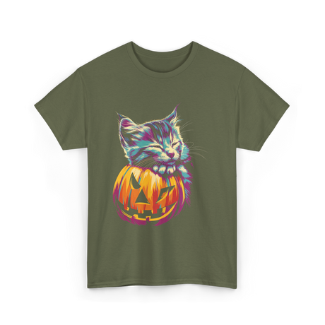 Cute Cat Pumpkin Halloween Cat Lover T-Shirt - Military Green