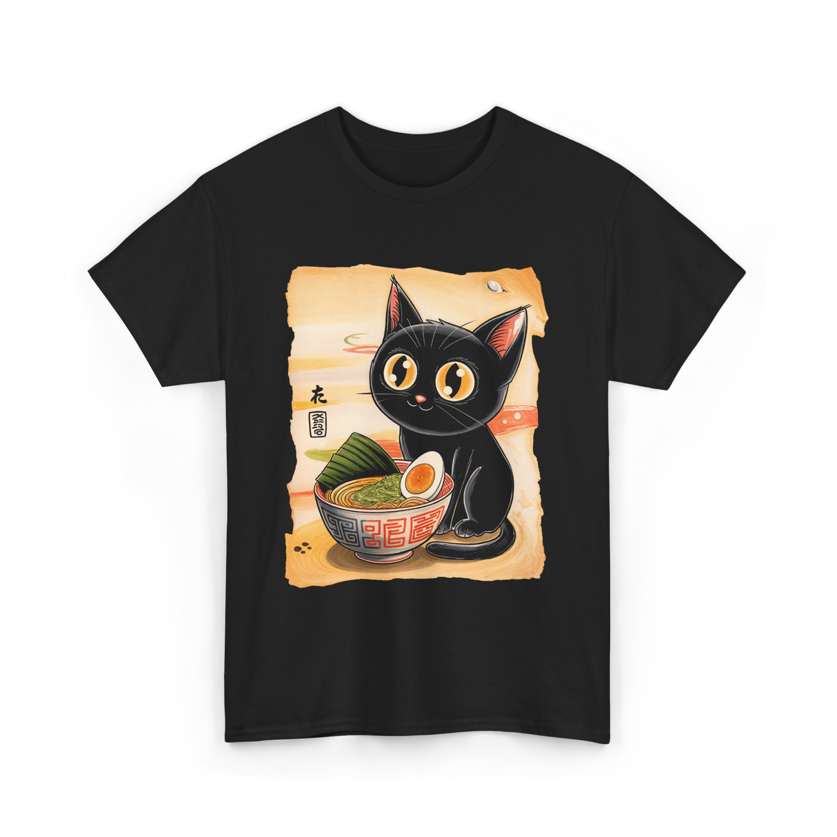 Cute Cat Ramen Anime Art T-Shirt - Black