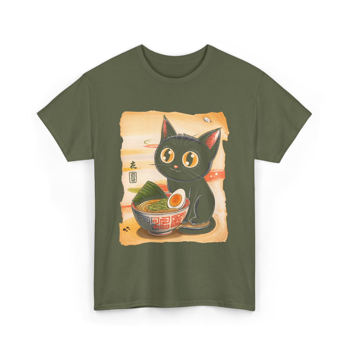 Cute Cat Ramen Anime Art T-Shirt - Military Green