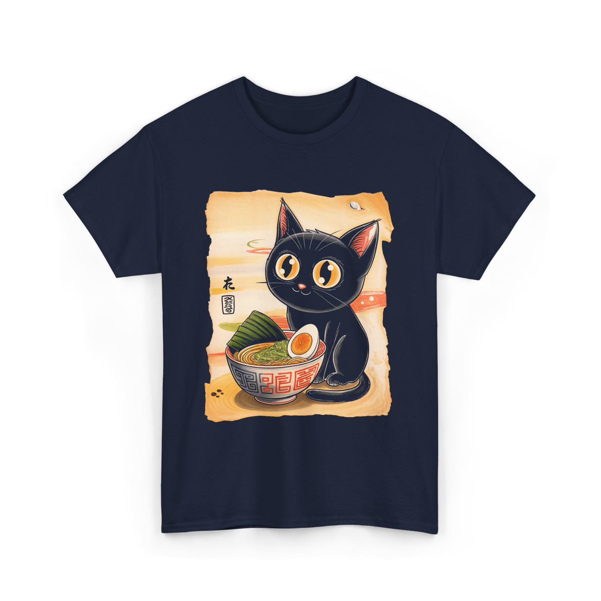 Cute Cat Ramen Anime Art T-Shirt - Navy