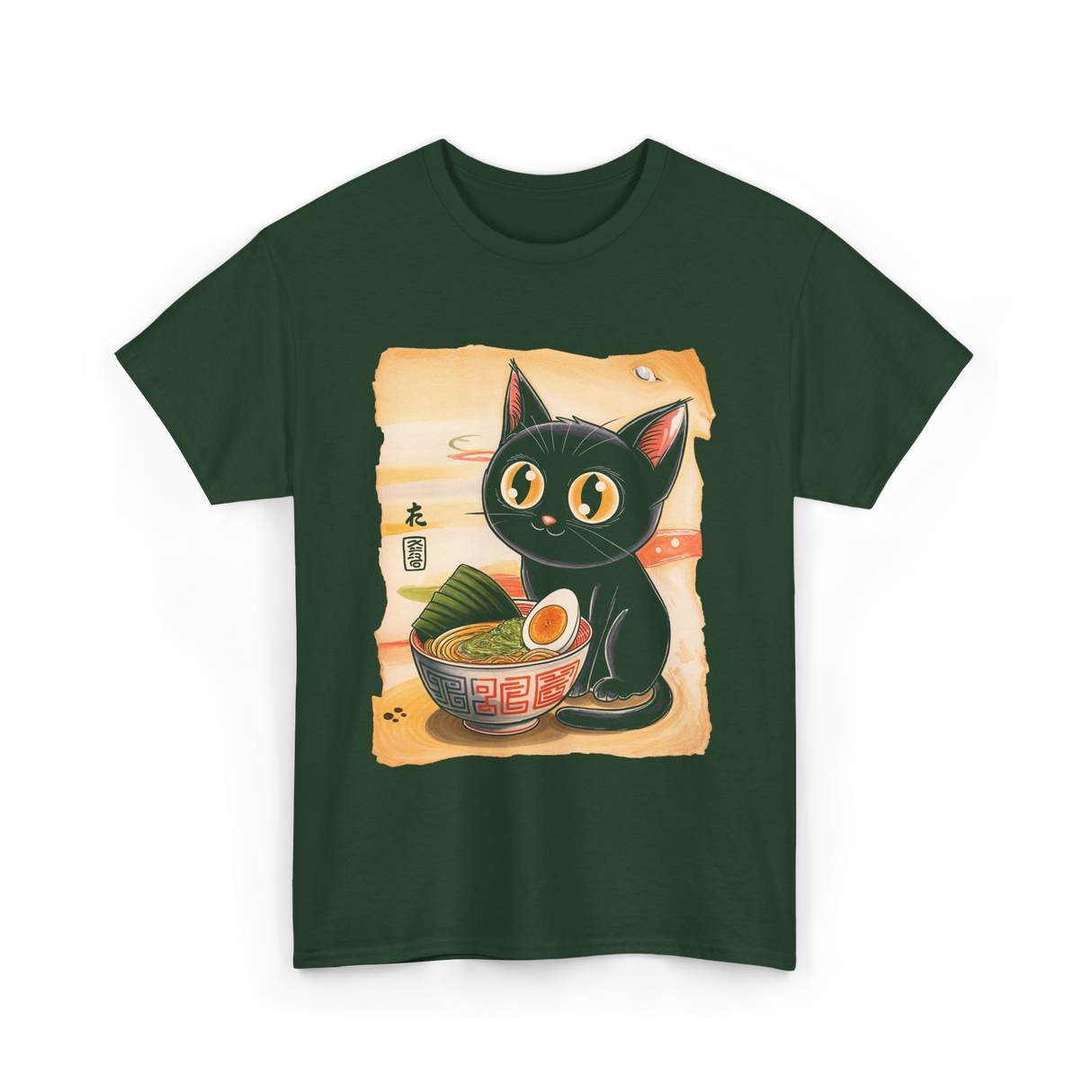 Cute Cat Ramen Anime Art T-Shirt - Forest Green