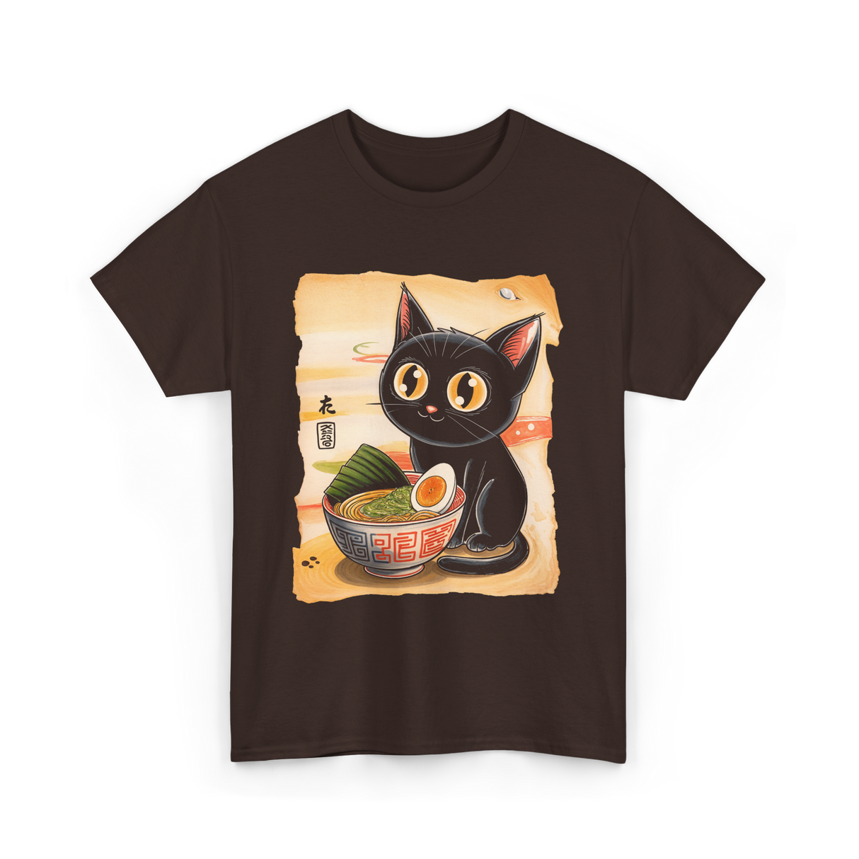 Cute Cat Ramen Anime Art T-Shirt - Dark Chocolate