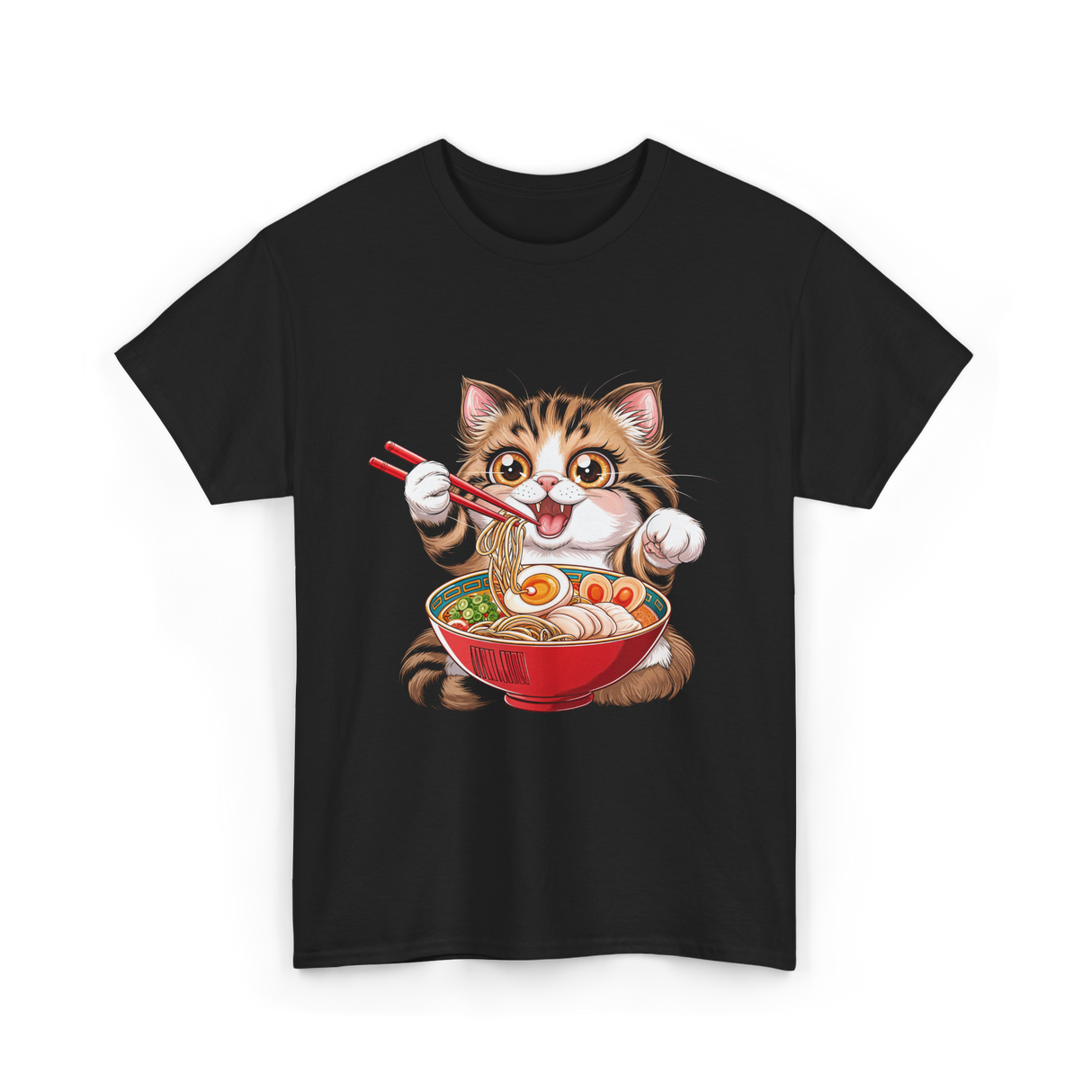 Cute Cat Ramen Anime Cat T-Shirt - Black