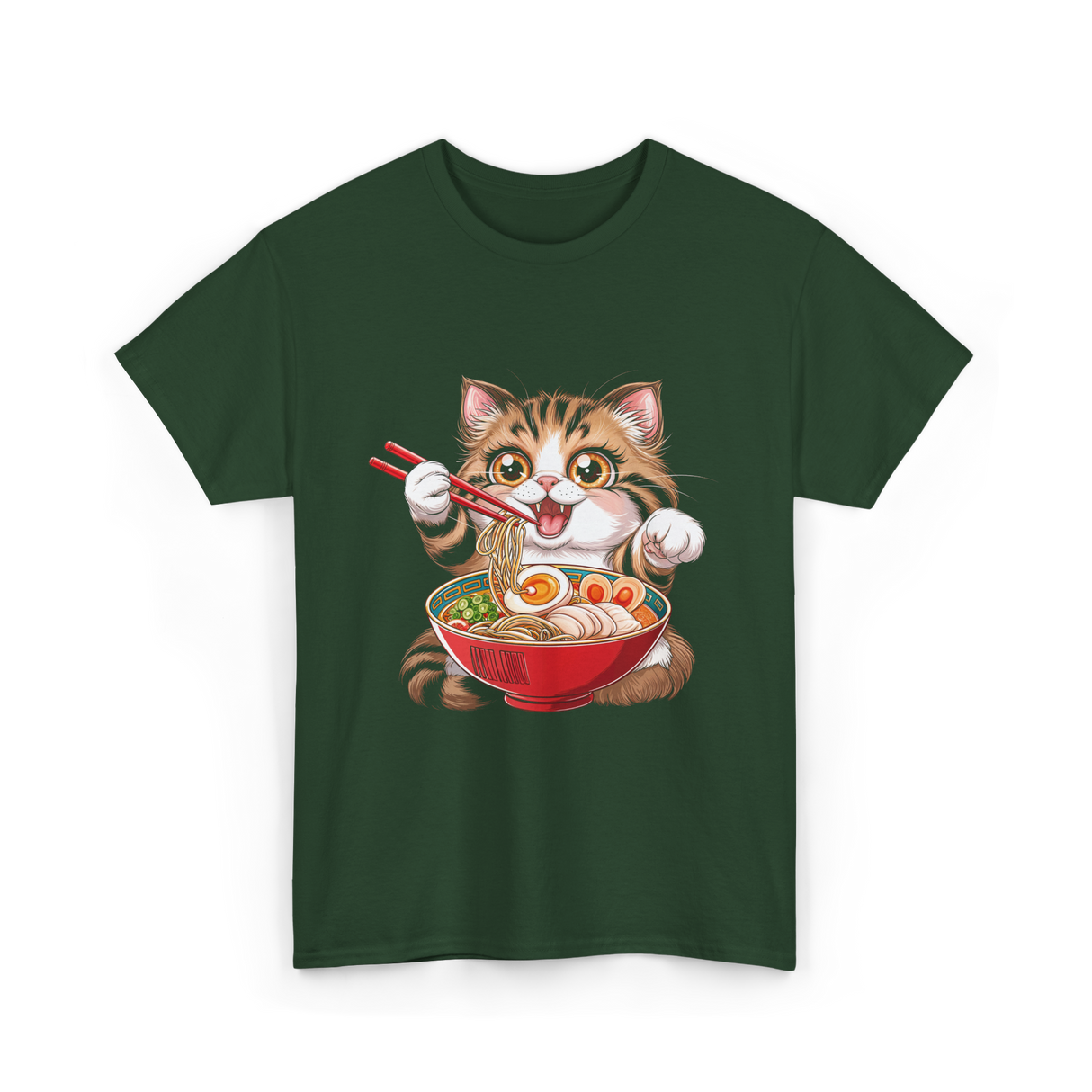 Cute Cat Ramen Anime Cat T-Shirt - Forest Green