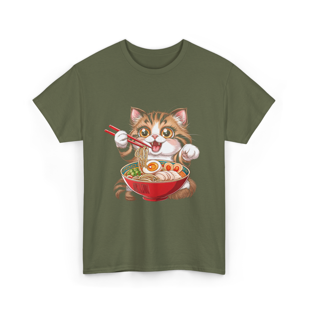Cute Cat Ramen Anime Cat T-Shirt - Military Green